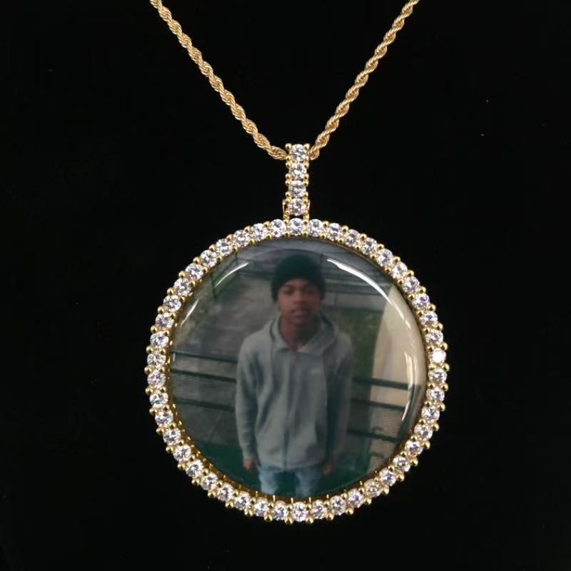Iced Out 2 Sizes Custom Photo Pendant Necklace: Hiphop Engrave Jewelry, Family Memory Gifts