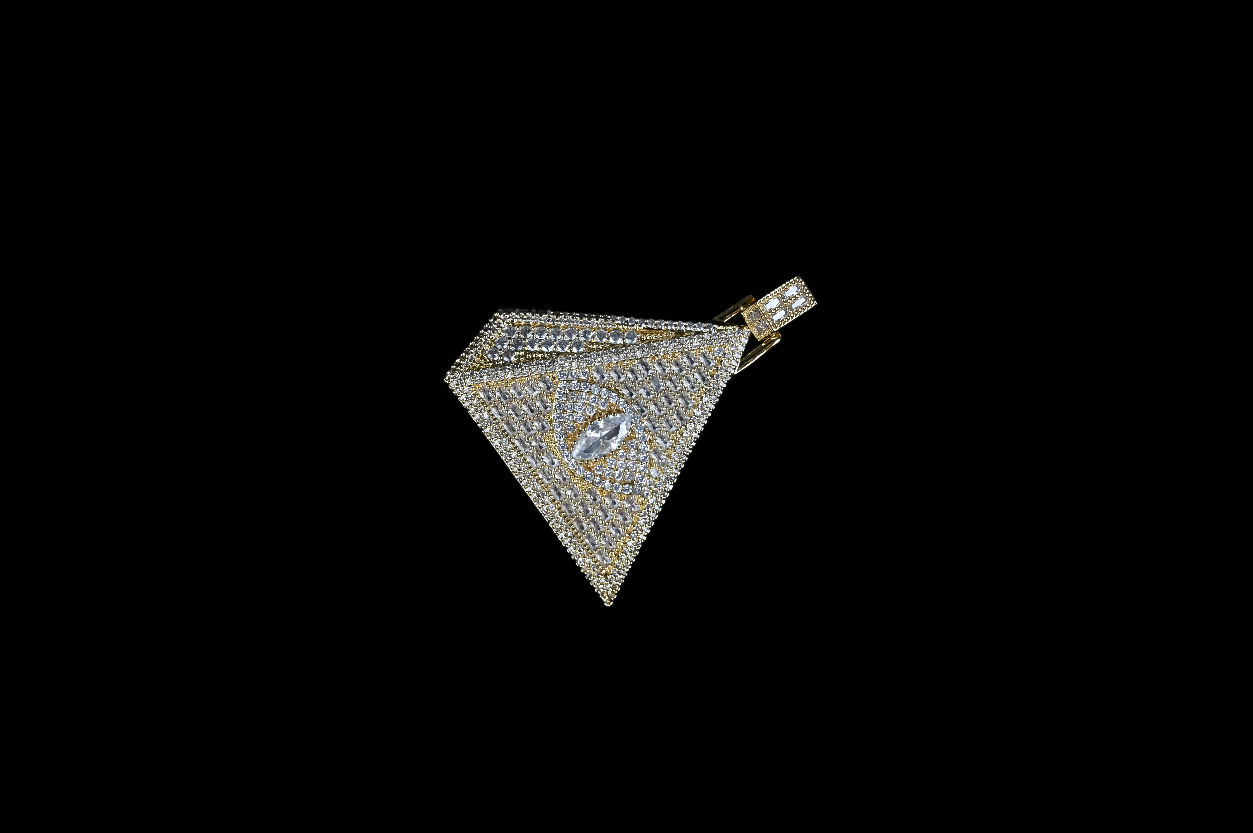 Evil Eye Pyramid Pendant Necklace | Iced Out CZ Triangle Pendant | 14K Gold Plated Hip Hop Jewelry | Protection Jewelry Gift Free Rope Chain