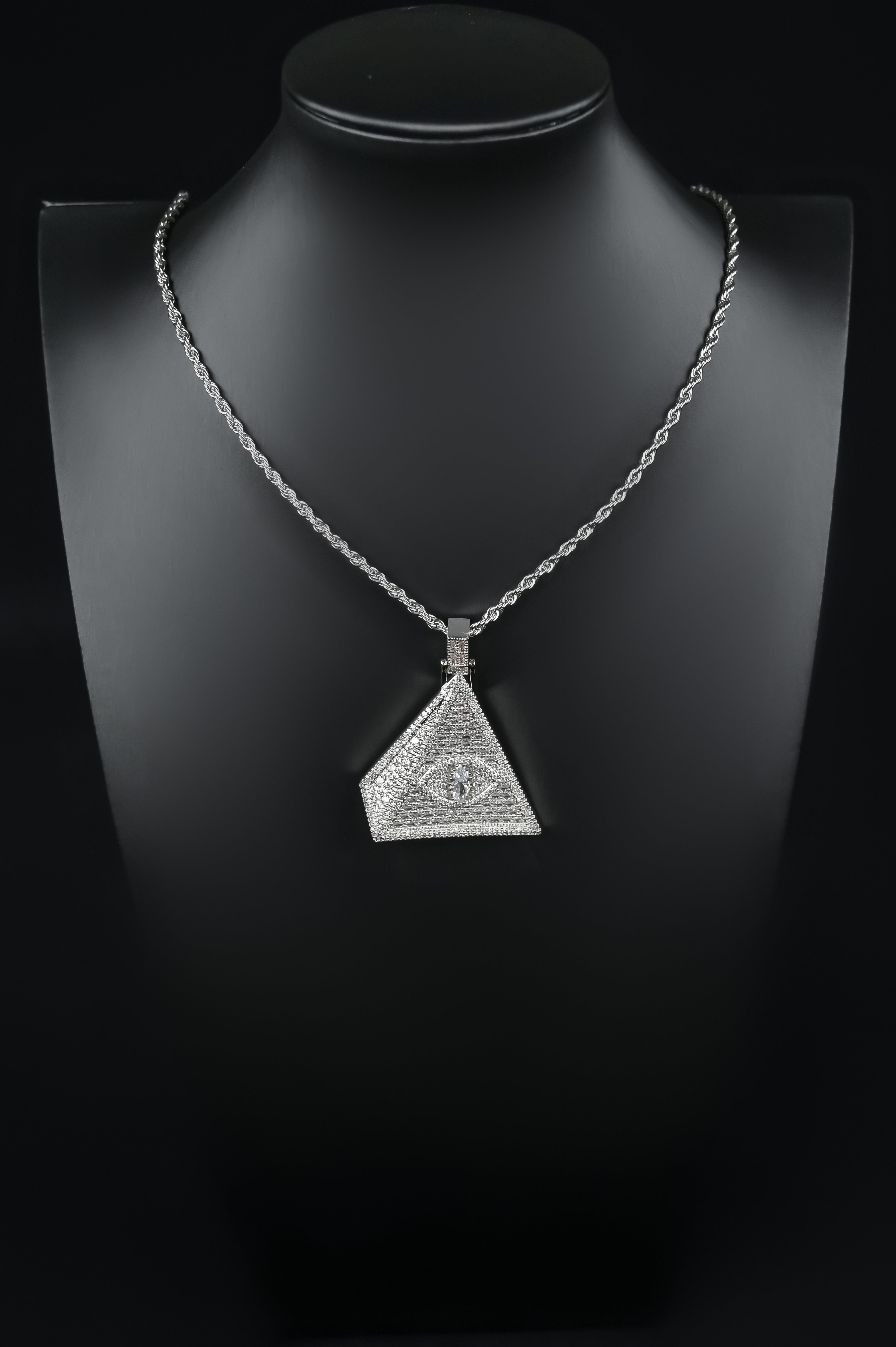 Evil Eye Pyramid Pendant Necklace | Iced Out CZ Triangle Pendant | 14K Gold Plated Hip Hop Jewelry | Protection Jewelry Gift Free Rope Chain