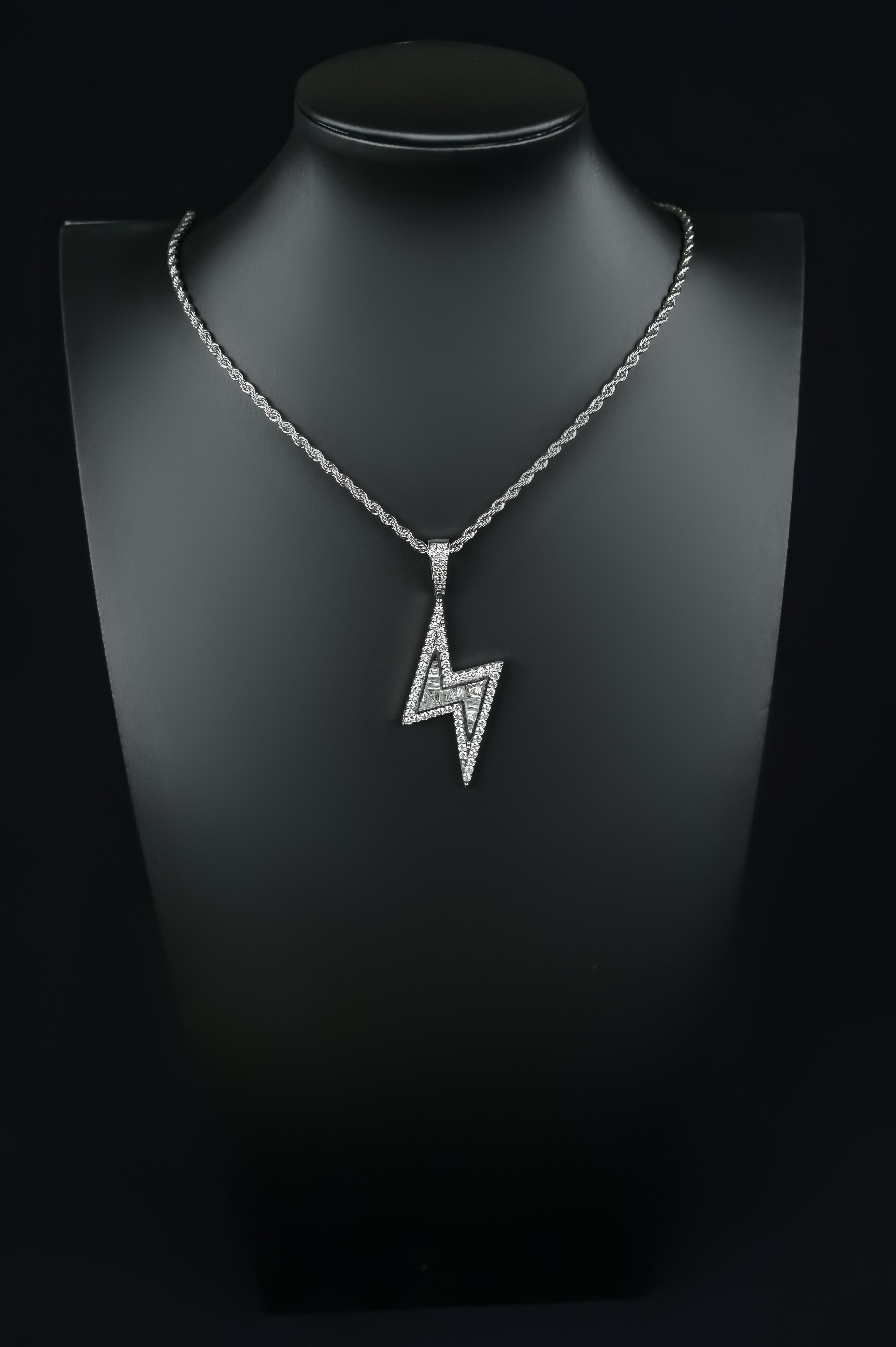 Lightning Bolt Pendant 14k White Gold Silver Iced Out CZ Diamond With Chain