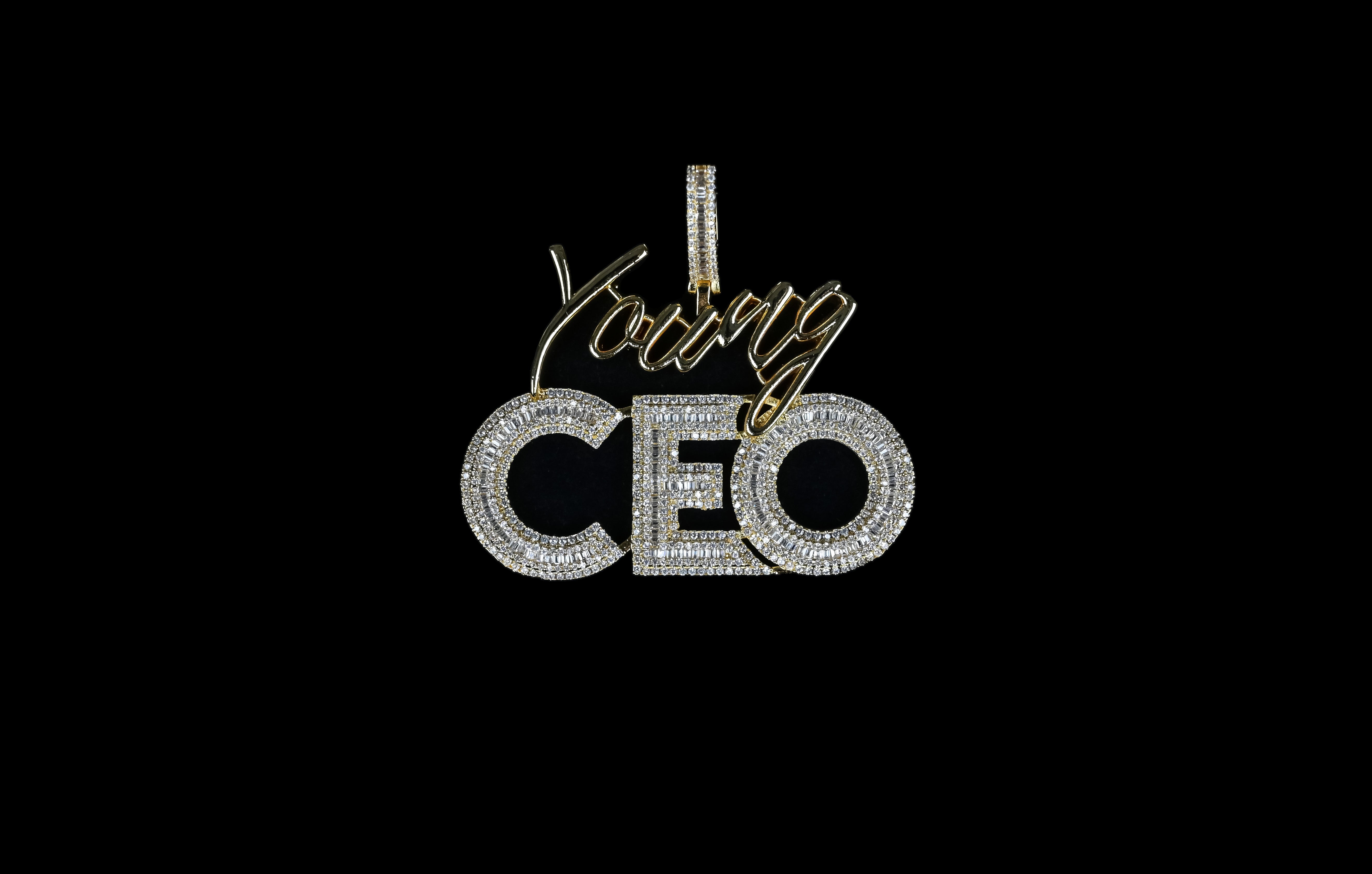 CEO Pendant 14k Gold Plated Iced Baguette CZ Diamonds Leadership Hip Hop Necklace Rapper Jewelry Gift + Steel Rope Chain