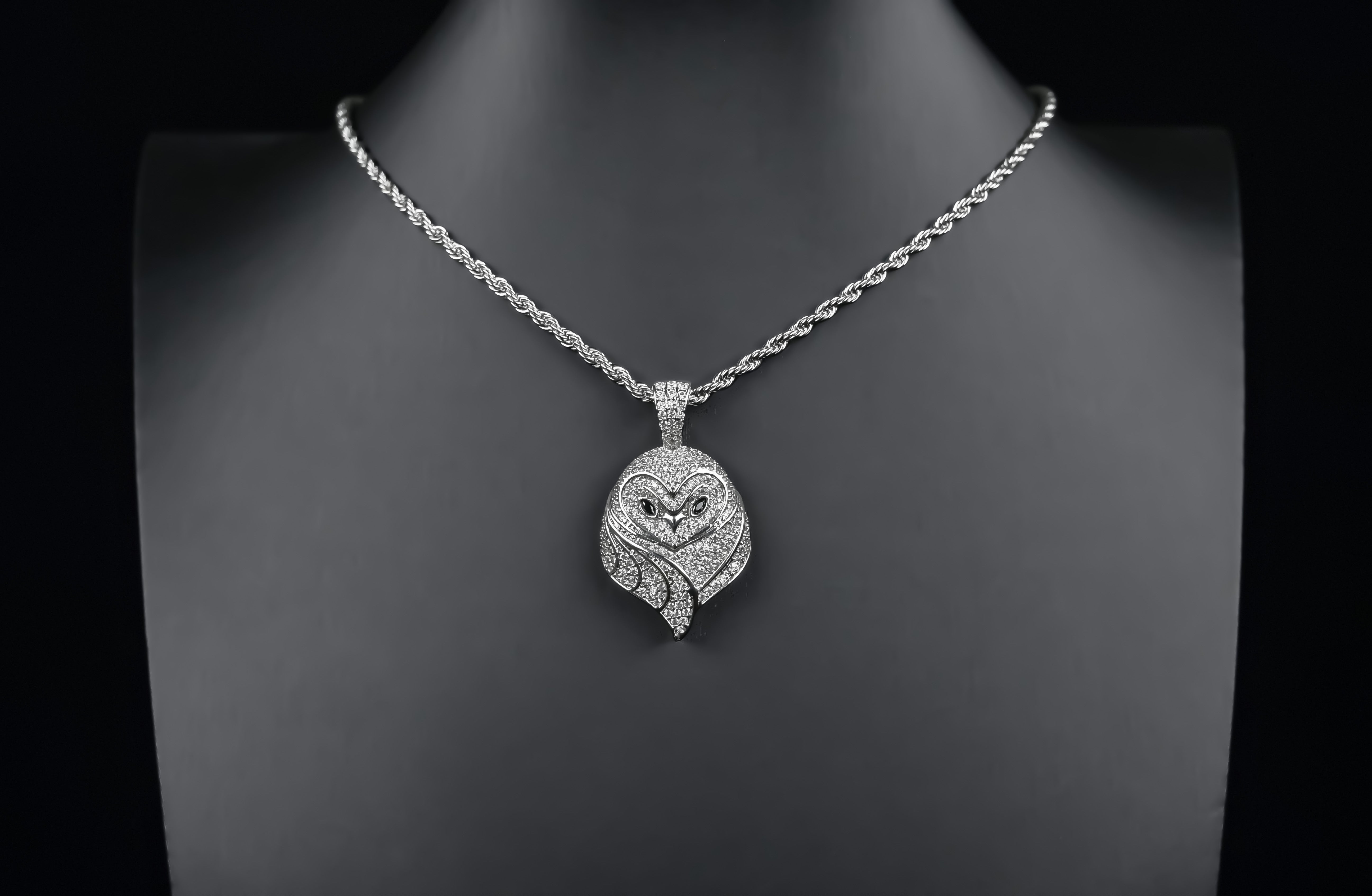 Sterling Silver Owl Pendant: Cubic Zirconia Crystals, Red Eyes