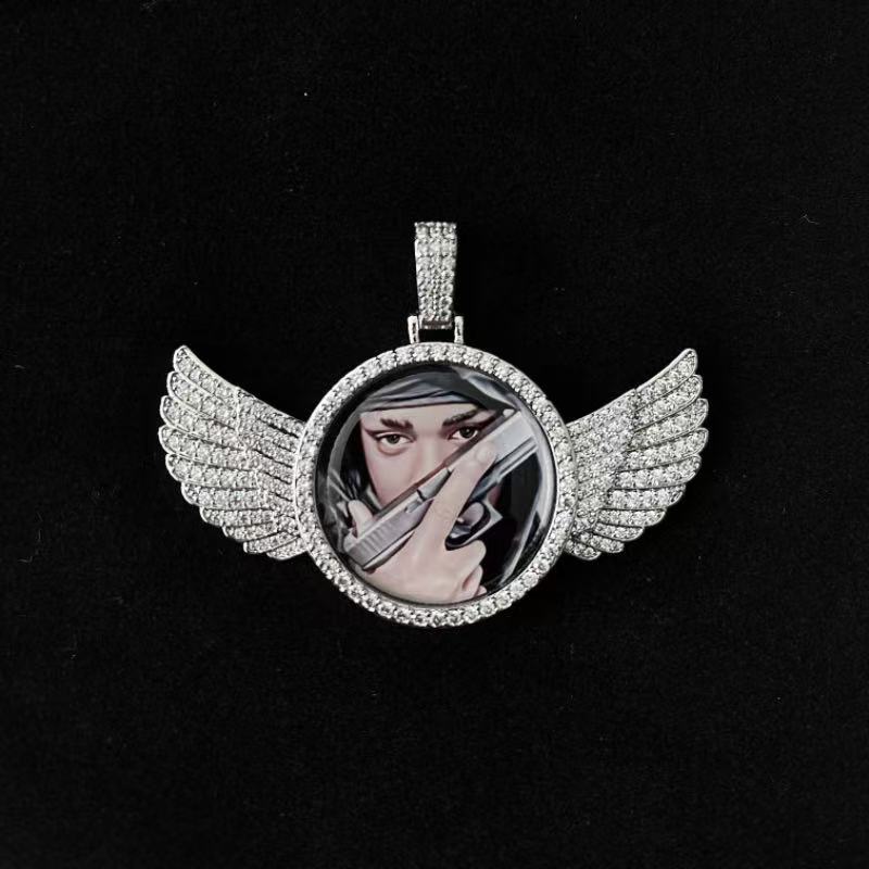 Personalized Angel Wings Photo Pendant: Diamond Studded Custom Necklace