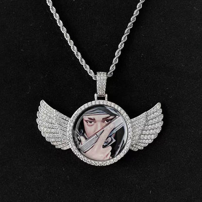 Personalized Angel Wings Photo Pendant: Diamond Studded Custom Necklace