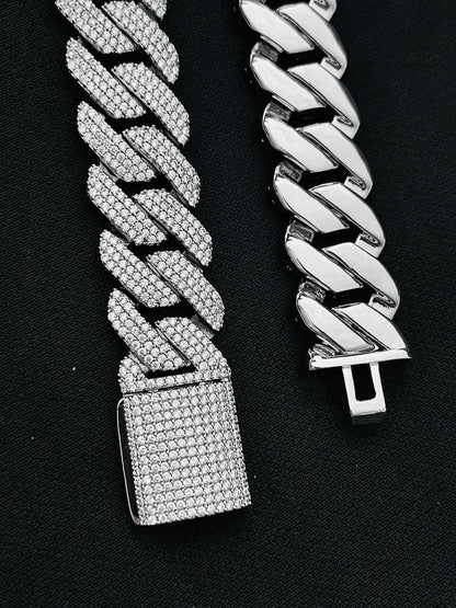 Iced Out Cuban Link Chain Necklace Bracelet White or Yellow Gold Plated Miami Style