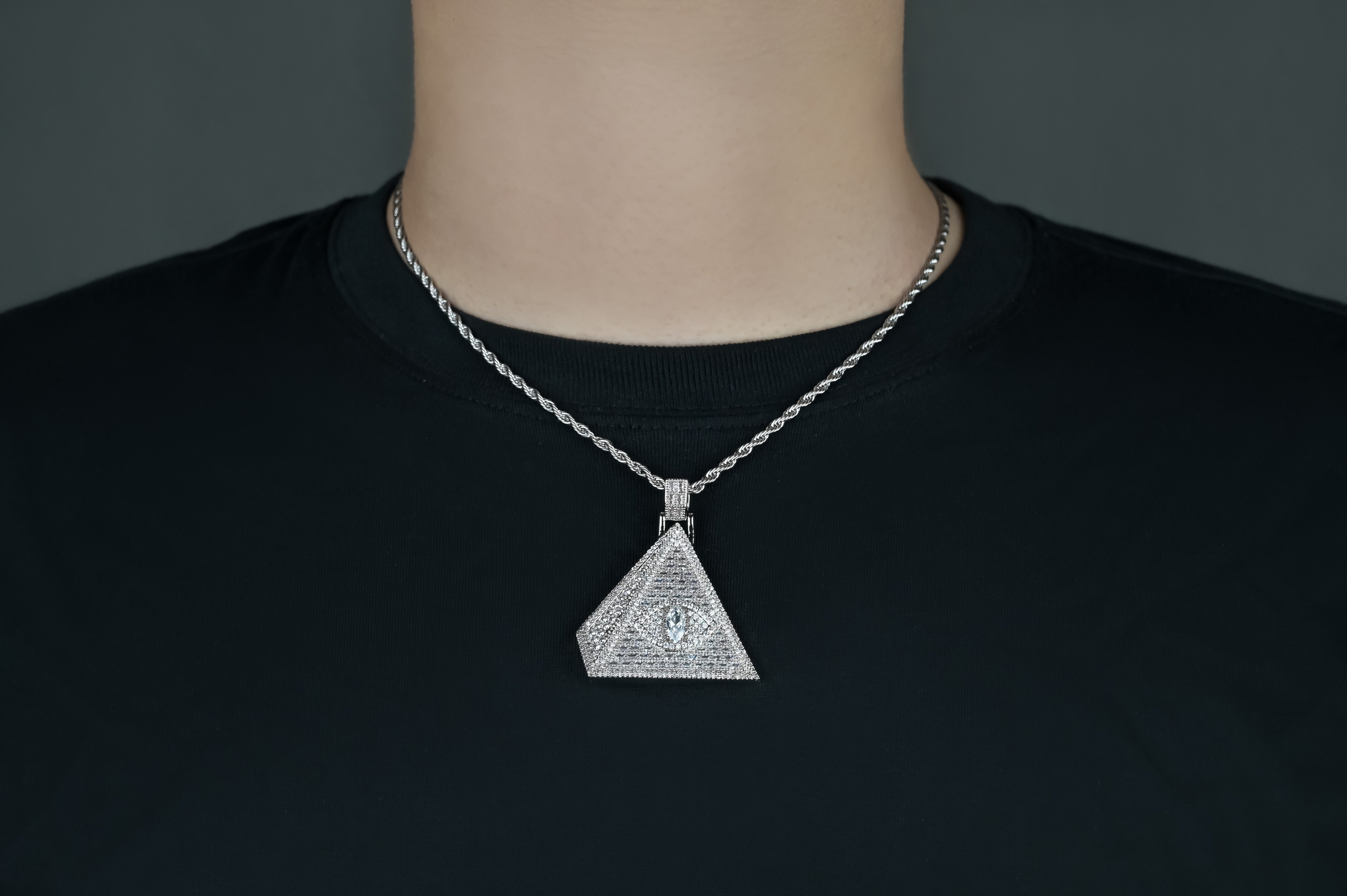 Evil Eye Pyramid Pendant Necklace | Iced Out CZ Triangle Pendant | 14K Gold Plated Hip Hop Jewelry | Protection Jewelry Gift Free Rope Chain