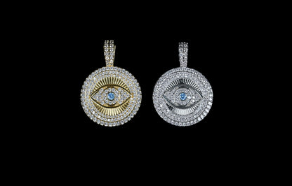 CZ Shell Pearl Gold Evil Eye Charm, Eye Round Coin Pendant