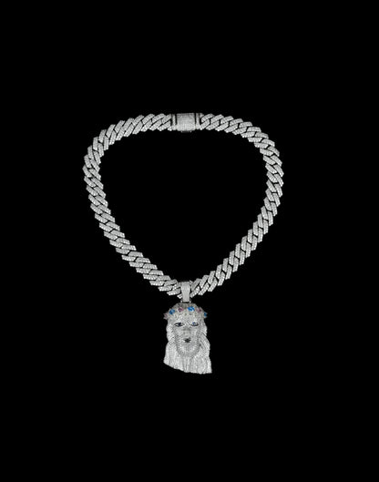 Iced Out Jesus Piece Pendant, Silver Rope Chain, CZ Hip Hop Necklace