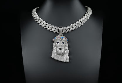 Iced Out Jesus Piece Pendant, Silver Rope Chain, CZ Hip Hop Necklace