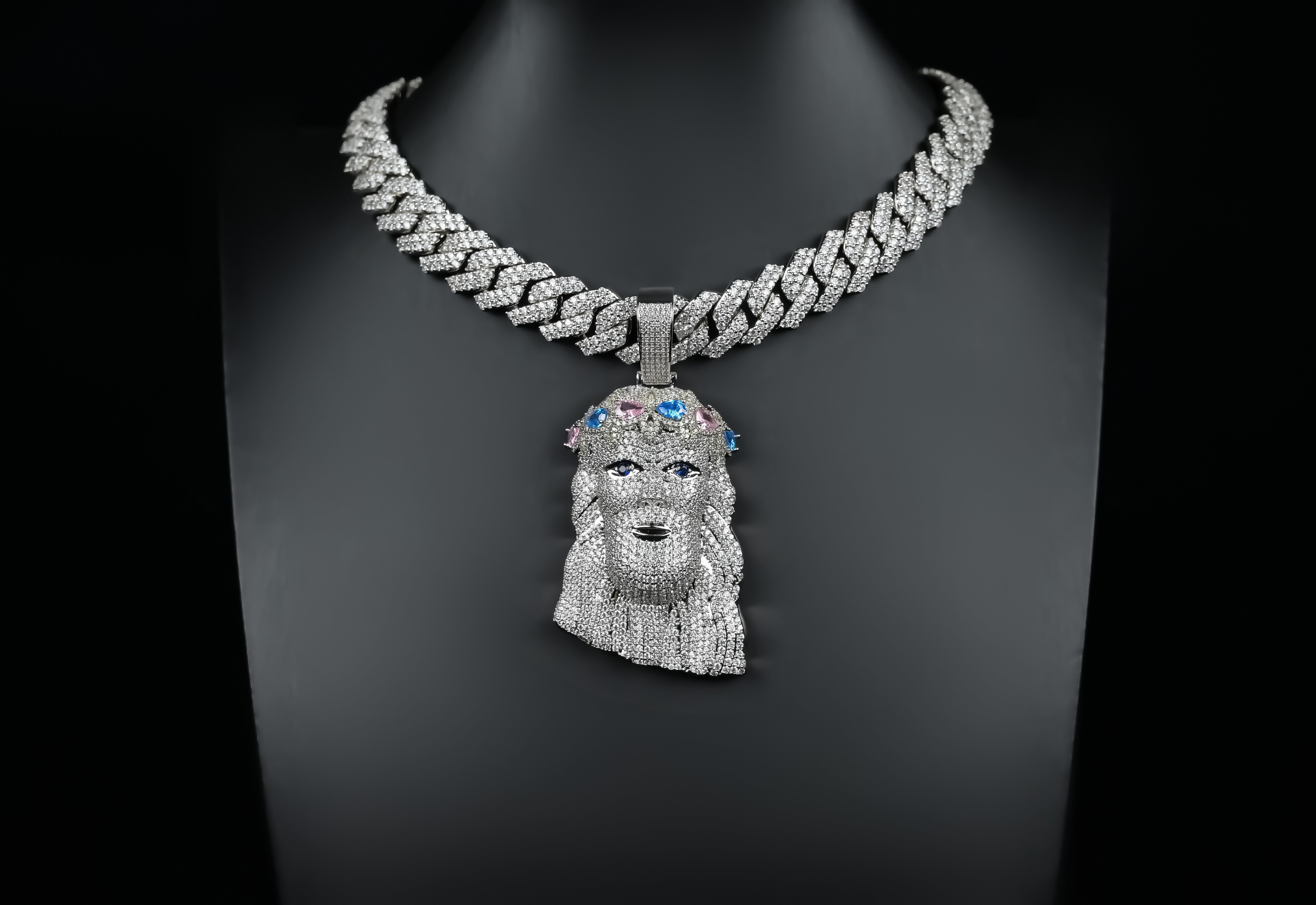 Iced Out Jesus Piece Pendant, Silver Rope Chain, CZ Hip Hop Necklace