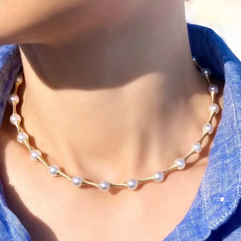 Sterling Silver + Pearl Bamboo Necklace